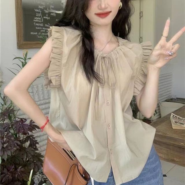 Everose-Sleeveless Crew Neck Plain Ruffle Tie Front Blouse
