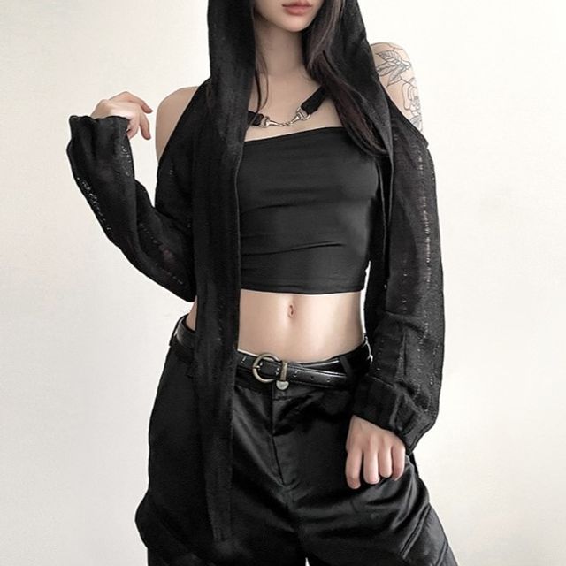 Sugarcoat-Long-Sleeve Cold-Shoulder Plain Hooded Crop Top