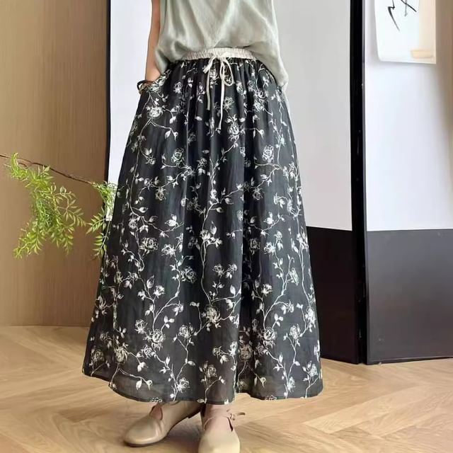 Mori Girls Drawstring Waist Floral Midi A-Line Skirt YesStyle