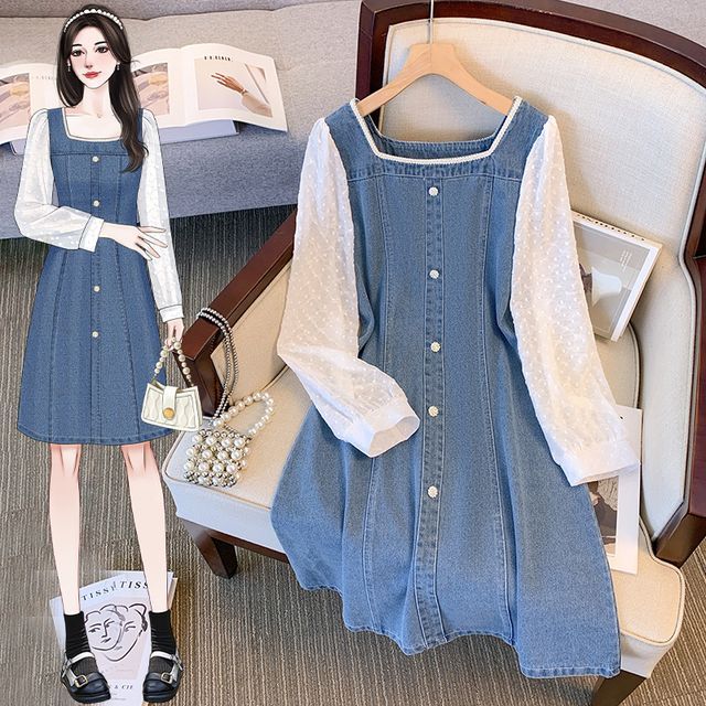 Denim Square-Neck Sleeveless Mini Dress in Tile White