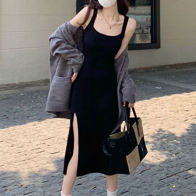 Moon City - Square Neck Plain Slit Knit Midi A-Line Tank Dress | YesStyle