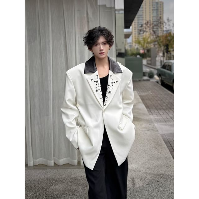 Orungeetun-Lapel Collar Two Tone Beaded Single-Button Blazer