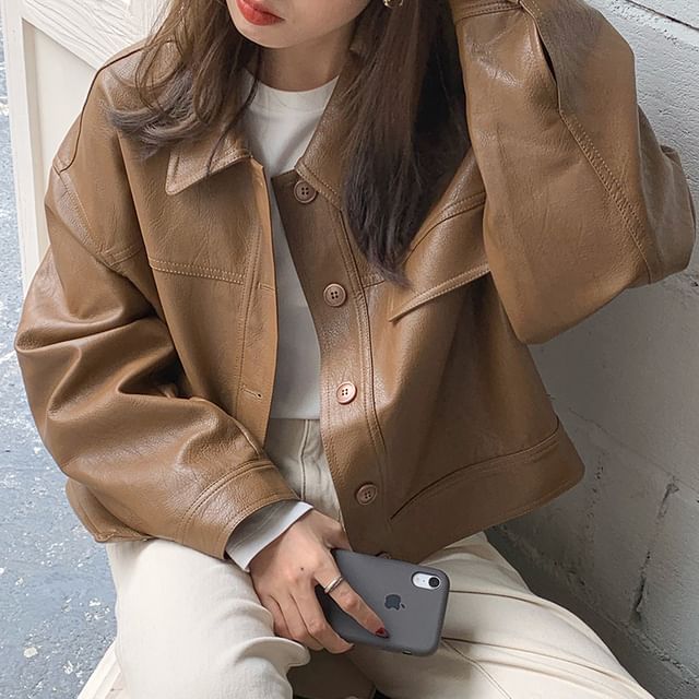 Janerium-Collared Faux Leather Plain Button Down Jacket