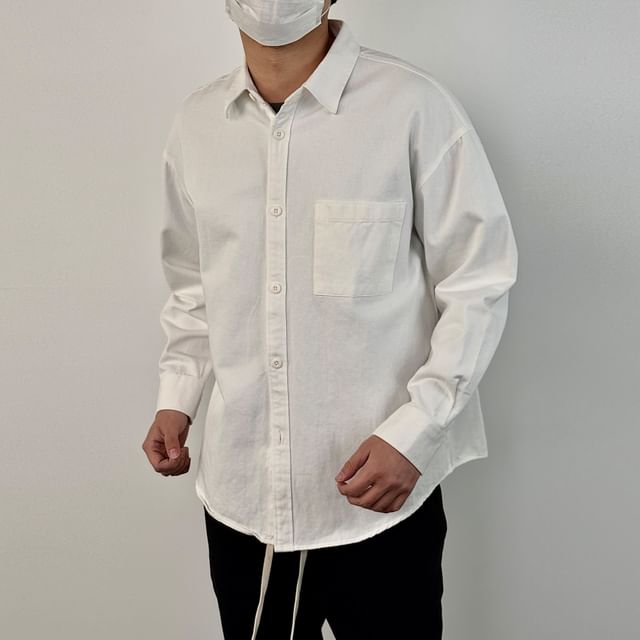 DragonRoad-Long-Sleeve Button-Up Plain Shirt