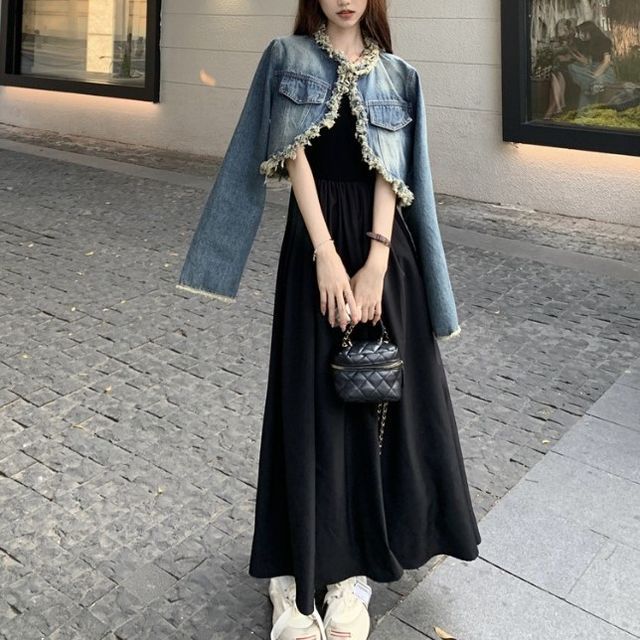 Shinsei V-Neck Washed Fray Open Front Denim Jacket Sleeveless