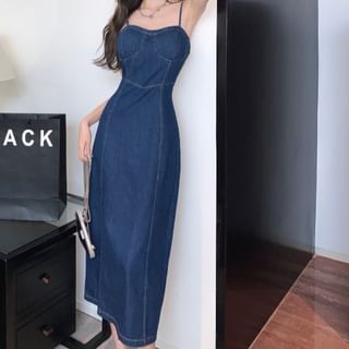 Yilda-Spaghetti Strap Denim Midi Sheath Dress