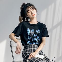 Roshia - Short-Sleeve Butterfly Print T-Shirt