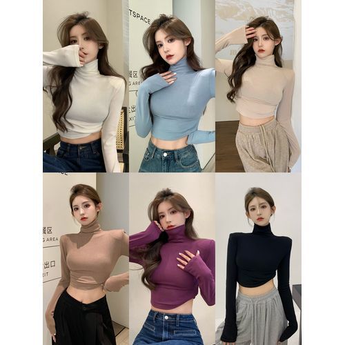 Padded-Shoulder High-Neck Crop T-Shirt in 6 Colors