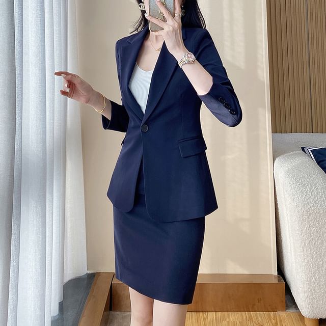 Skyheart-Notch Lapel Plain Single Breasted Blazer High Waist Mini Pencil Skirt High Waist Cropped Straight Leg Dress Pants Set