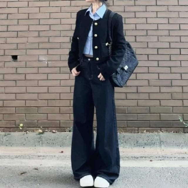 KUMI-Long-Sleeve Collared Plain Shirt Crew Neck Plain Button Jacket