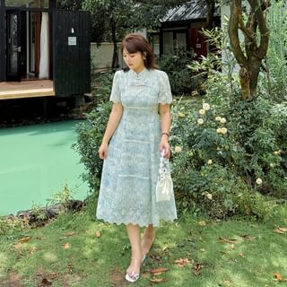 Tripoly Plus Size Short-Sleeve Stand Collar Embroidered Cutout Fringed Midi A-Line Dress Sale