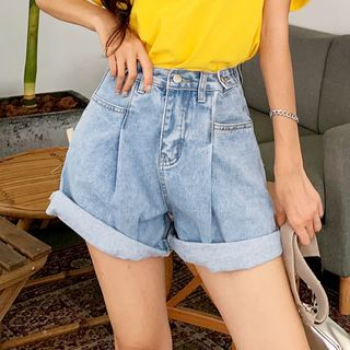 pleated jean shorts