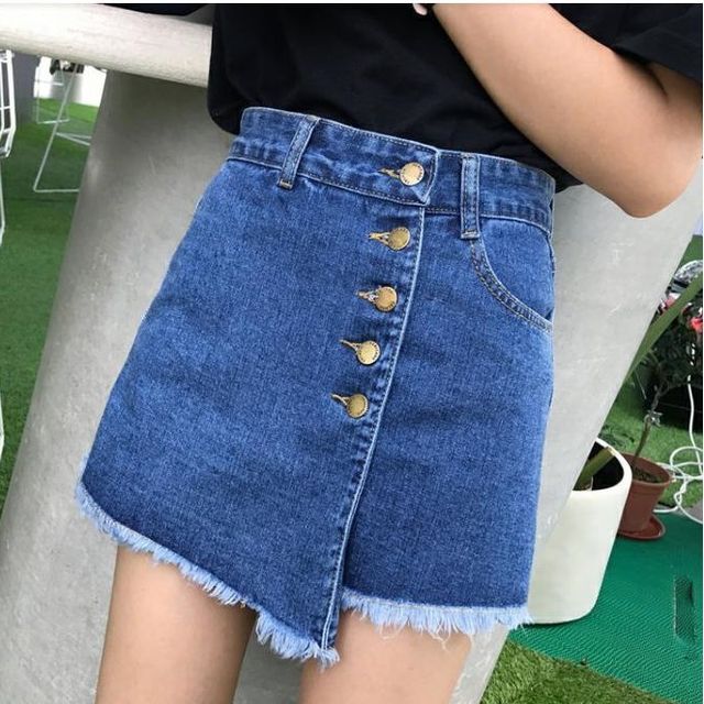 Everose-Mid Rise Frayed Denim Mini Skort