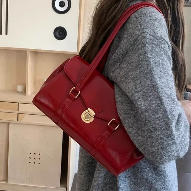 Indenis-Plain Faux Leather Flap Tote Bag