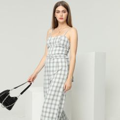 YS by YesStyle - Spaghetti Strap Plaid Wide-Leg Jumpsuit