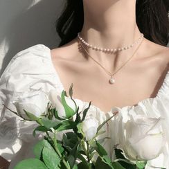Gold Beam - Faux Pearl Pendant Double-Layered Necklace Gold Beam - Faux Pearl Pendant Double-Layered Necklace