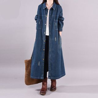 Lewwe Collared Washed Single Breasted Denim Coat Sale