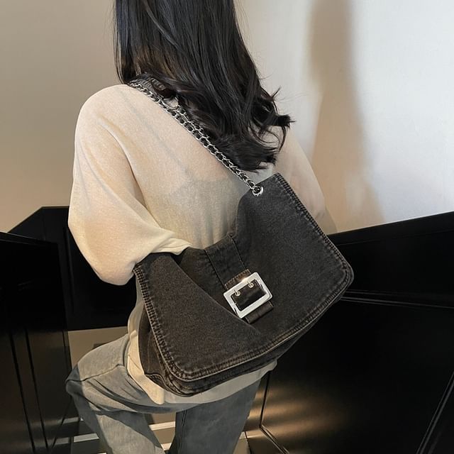 Hikuozy-Chain Strap Washed Denim Shoulder Bag