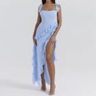 Cruxedo - Sleeveless Square Neck Ruffle Plain Maxi Bodycon Dress | YesStyle