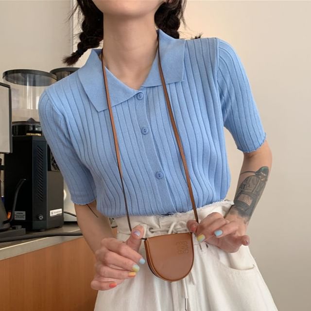 Sisyphi-Short-Sleeve Collar Plain Ribbed Button Knit Top