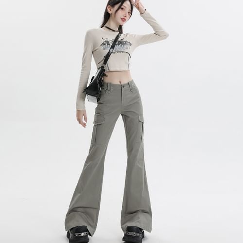 Kaepria - Mid Waist Plain Flared Cargo Pants