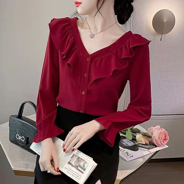 Everose-Puff-Sleeve V-Neck Plain Button-Up Ruffled Blouse