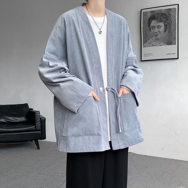 Freehop-V-Neck Plain One-Buttoned Corduroy Jacket