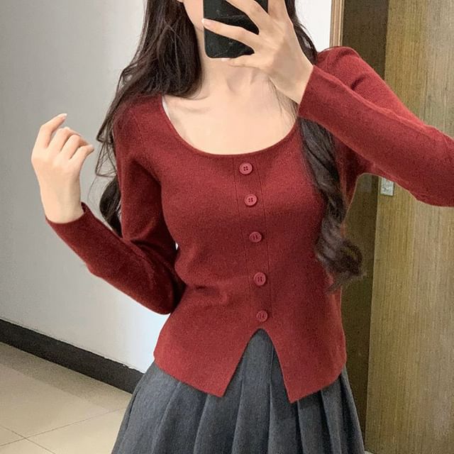 OGAWA-Long-Sleeve Scoop Neck Plain Slit Button Knit Top