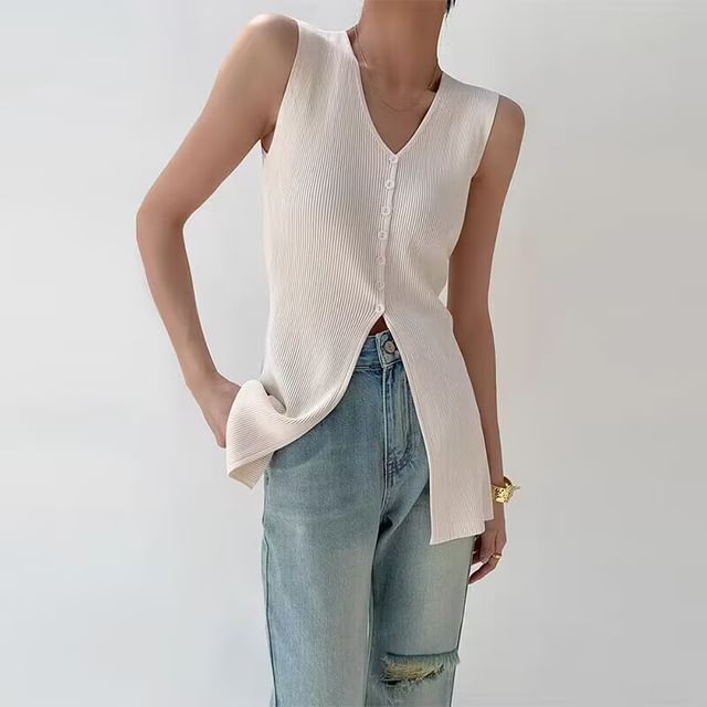 Odestra-V-Neck Plain Slit Ribbed Button Knit Tank Top