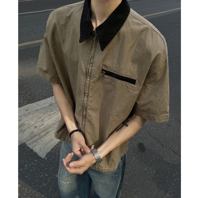 Omozando-Short-Sleeve Two Tone Zip Shirt