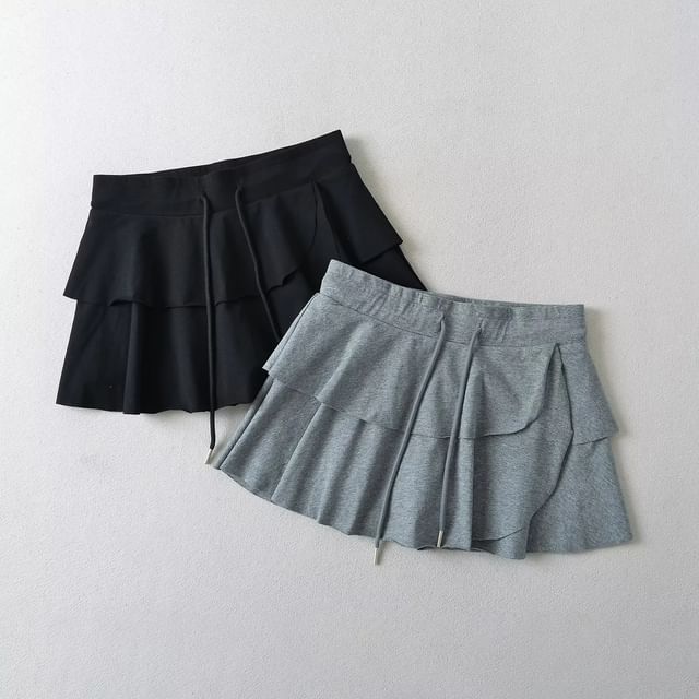 Asiris-Low Rise Drawstring Plain Ruffled Mini A-Line Skirt