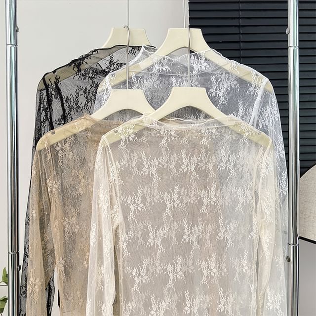 Lemongrass-Mock-Neck Sheer Lace Top
