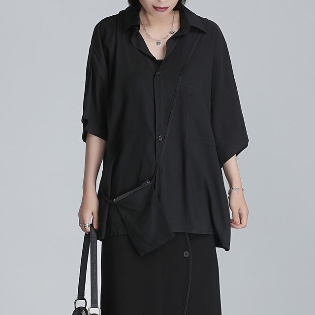 SIMPLE BLACK-Short-Sleeve Plain Button-Up Shirt