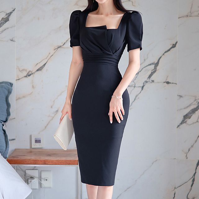 Yilda - Puff-Sleeve Square-Neck Asymmetrical Bodycon Dress | YesStyle Yilda - Puff-Sleeve Square-Neck Asymmetrical Bodycon Dress | YesStyle