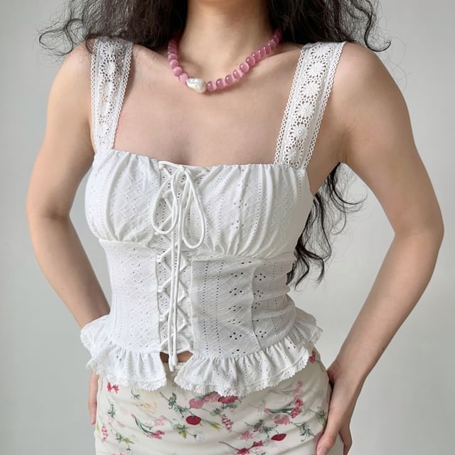 Sinora-Square Neck Eyelet Lace Trimmed Corset Top
