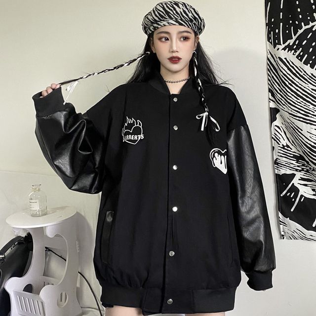 YANS STUDIO - Faux Leather Panel Embroidered Baseball Jacket | YesStyle