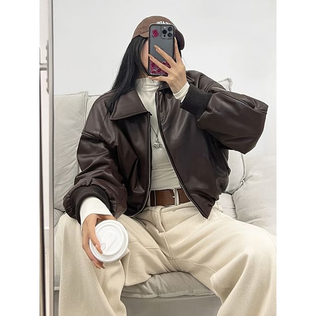 Maisee-Faux-Leather Bomber Jacket