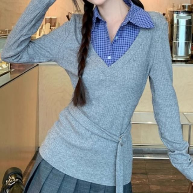 Cloud Nine-Mock Two-Piece Long-Sleeve Collar Plaid Panel Ribbed Tee