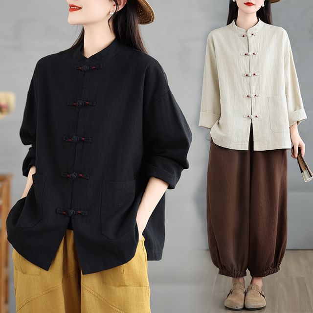 Fioridi-Stand Collar Plain Frog Buttoned Slit Jacket