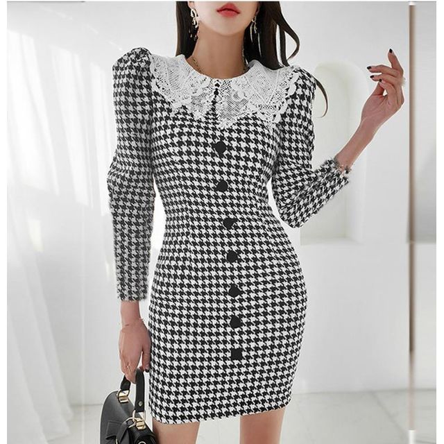 Round Collar Houndstooth Pattern Bodycon Dress Round Collar Houndstooth Pattern Bodycon Dress