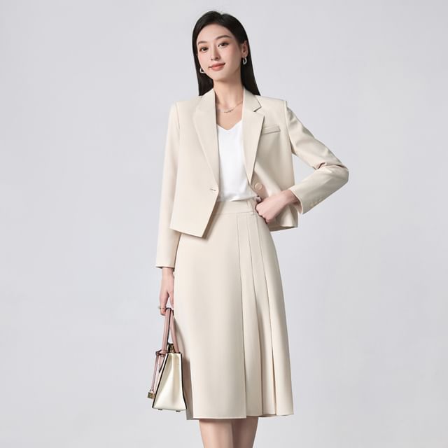 Princess Min-Set Plain Single-Button Blazer High Rise Asymmetrical Pleated Midi A-Line Skirt
