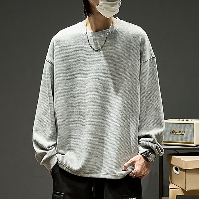 Redsinc-Crew Neck Plain Waffle Sweatshirt