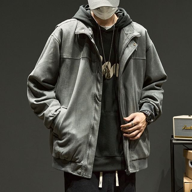 Redsinc-Stand Collar Plain Zip-Up Faux Suede Jacket