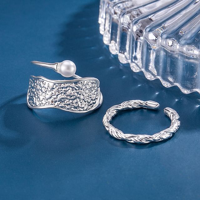 Forainer-Faux Pearl Alloy Open Ring Textured Alloy Open Ring
