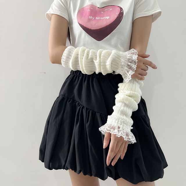 Kinoxslone-Lace Trim Ribbed Arm Sleeves
