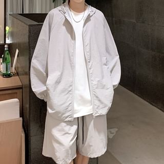 farrahces-Set Hooded Plain Zip Jacket Mid Rise Shorts