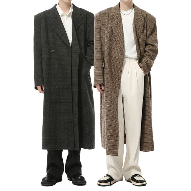 FAERIS-Lapel Collar Plaid Double Breasted Long Coat