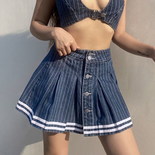 Striped Pleated Denim Mini Skirt