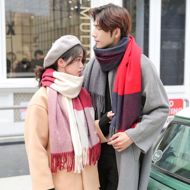 Frior-Couple Matching Plaid Fringed Trim Scarf