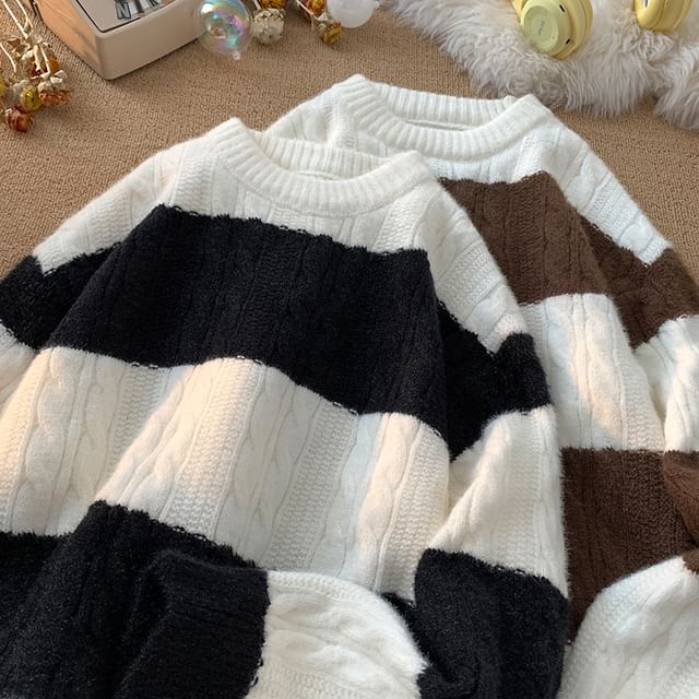 Diphon-Crew Neck Striped Cable Knit Sweater